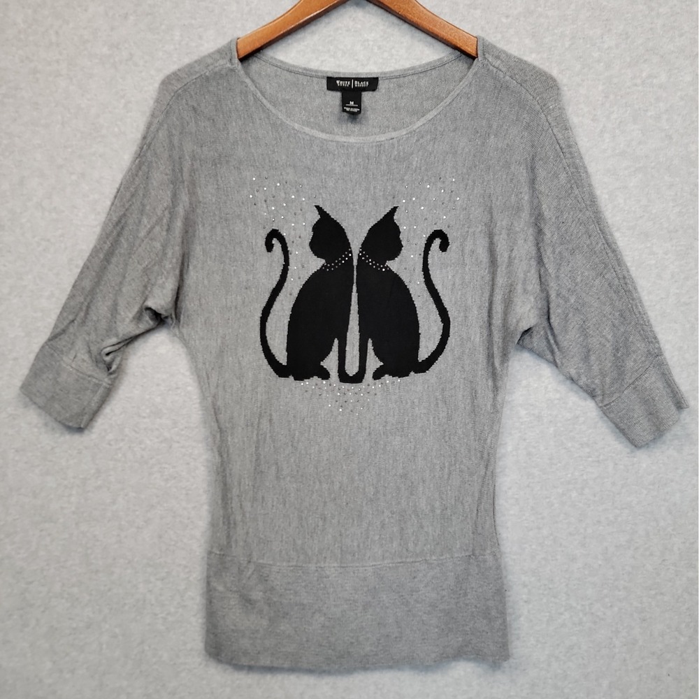 WHBM White House Black Market Gray Black Cat Rhinestone 3/4 Sleeve Sweater Sz M